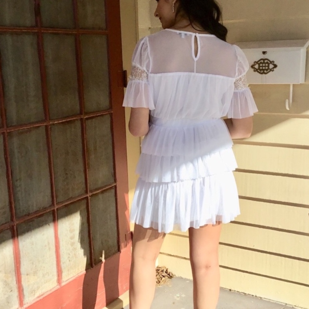 White Sheer Short Sleeve Tiered Mini Dress NWT - Picture 3 of 5